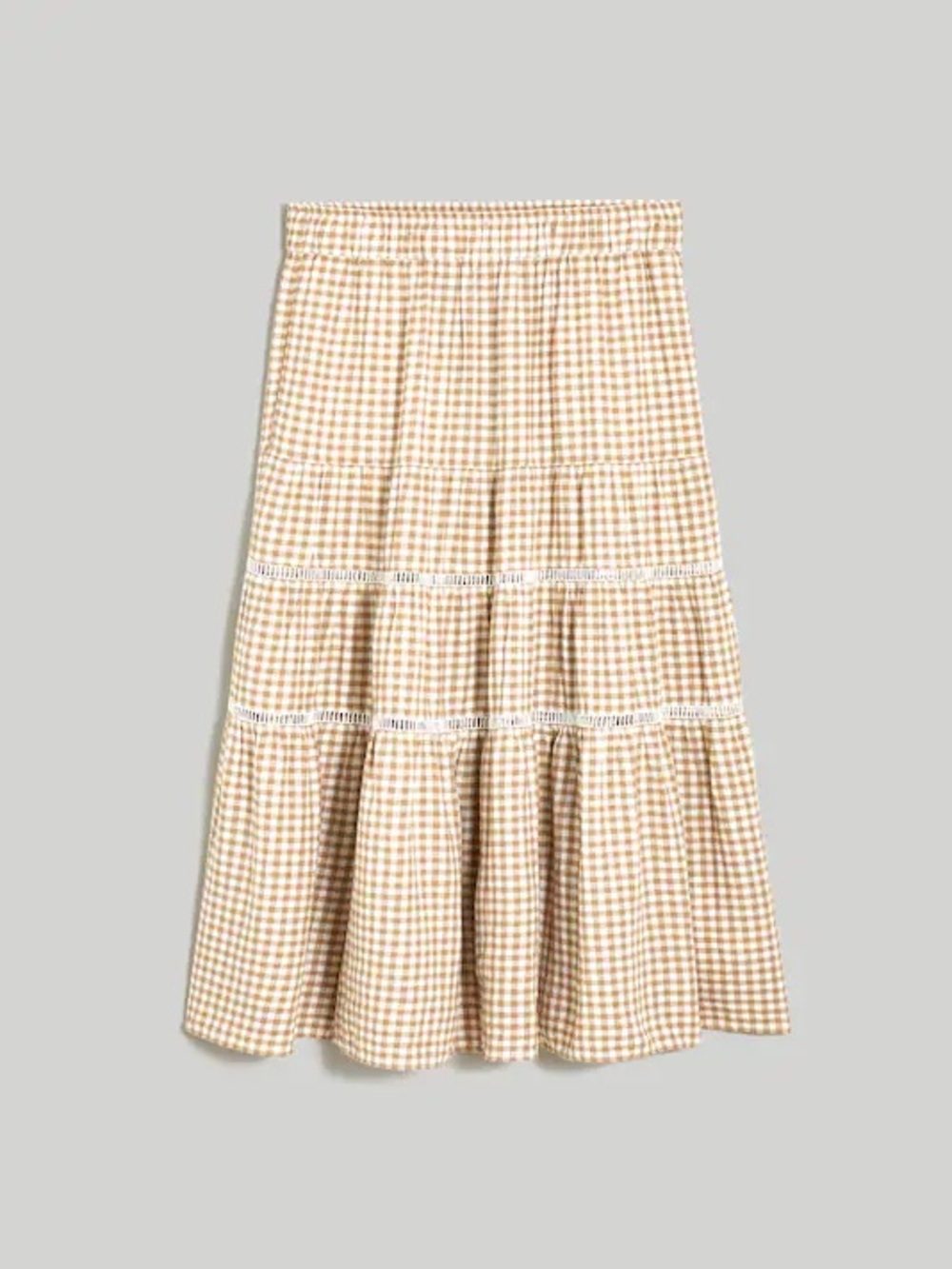 Madewell Size L, Tiered Gingham Maxi Skirt in Beige, Linen-Blend Eyelet-Trim